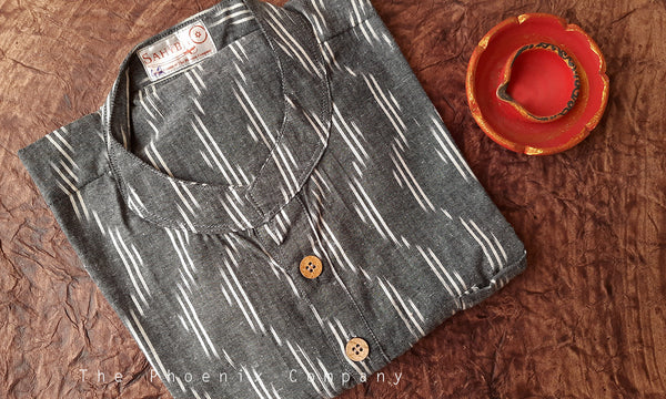 Grey & White Ikat Cotton Short Kurta