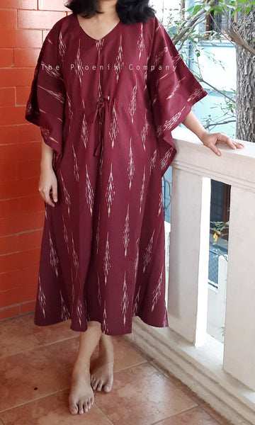 Burgundy Ikat Cotton Long Kaftan