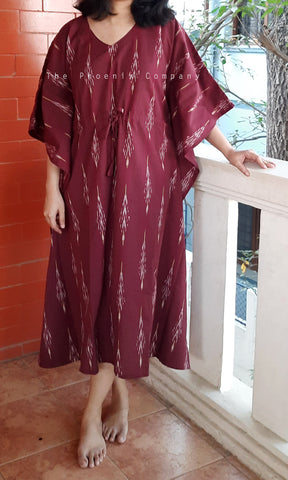Burgundy Ikat Cotton Long Kaftan