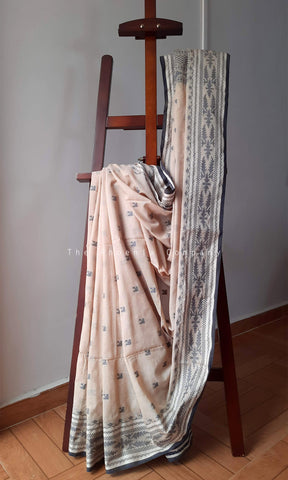 Light Beige Cotton Saree w/dark blue threadwork