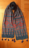 Blue Ajrakh Stole with Red Flowers