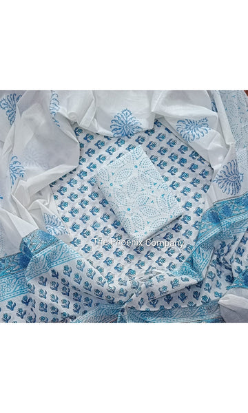White & Blue Bagru Cotton Salwar Kameez Material