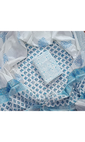 White & Blue Bagru Cotton Salwar Kameez Material