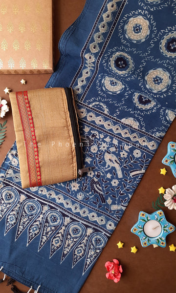 Raksha Bandhan Gift Hamper – Ajrakh Stole & Purse (Dark Blue)