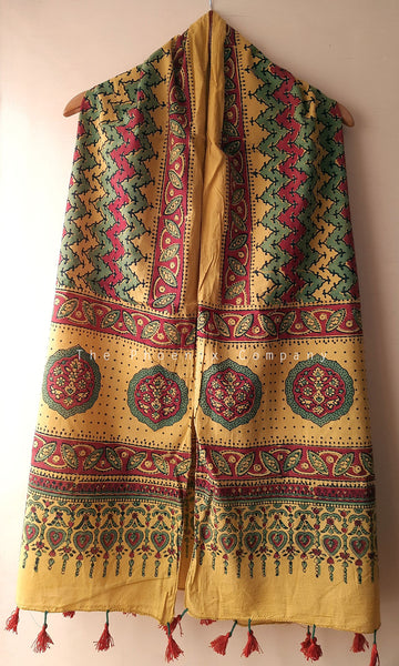 Yellow Ajrakh Stole with Zig-zag patterns