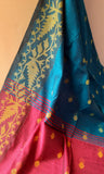 Blue & Pink Jute Silk & Cotton Saree