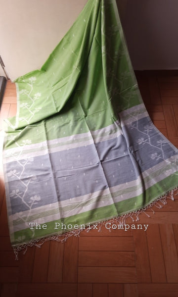 Pastel Green Cotton Saree with threadwork