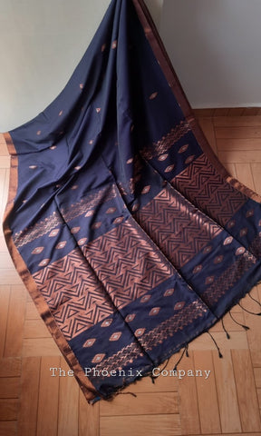 Dark Blue Jute silk and Cotton Saree