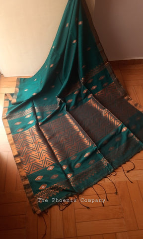 Dark Green Jute silk and Cotton Saree