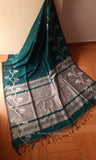 Dark Green & Grey Jute Silk and Cotton Saree with threadwork