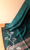 Dark Green & Grey Jute Silk and Cotton Saree with threadwork