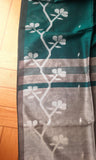 Dark Green & Grey Jute Silk and Cotton Saree with threadwork