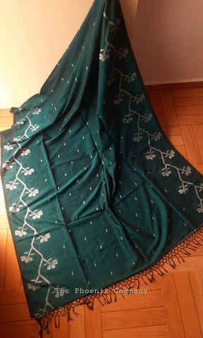 Dark Green & Grey Jute Silk and Cotton Saree with threadwork