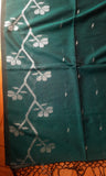 Dark Green & Grey Jute Silk and Cotton Saree with threadwork