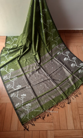 Chutney Green & Grey Jute Silk and Cotton Saree with threadwork