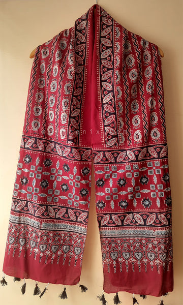 Red & Light Blue Ajrakh stole with Paisleys