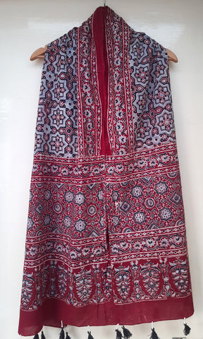 Red & Light Blue Ajrakh stole with Geometric Patterns