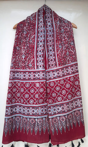 Red & Light Blue Ajrakh stole with Intricate Patterns