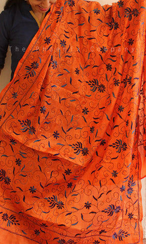 Orange Kanta work dupatta with blue florals
