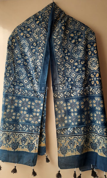 Blue Ajrakh Stole with large Circular motifs