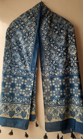 Blue Ajrakh Stole with large Circular motifs