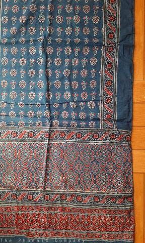 Blue & Red Ajrakh Stole with Paisley Floral motifs