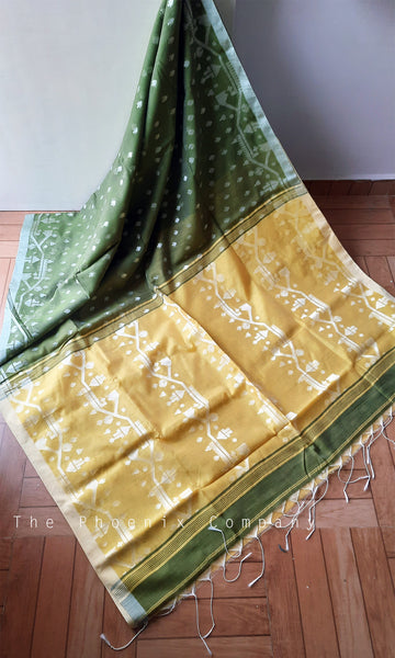 Chutney Green and Yellow Jute silk & Cotton Saree