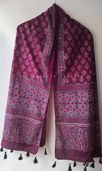 Maroon Ajrakh Stole with flowers & paisley border