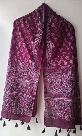 Maroon Ajrakh Stole with flowers & paisley border