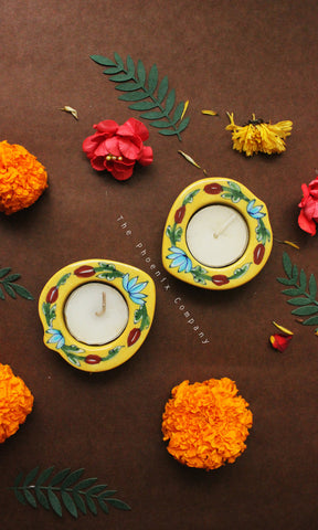 Light Yellow Blue Pottery Candle Holder
