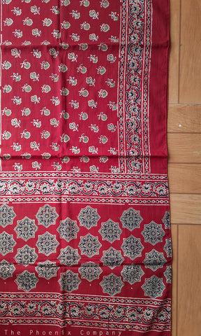 Red Ajrakh Stole with Olive Green Motifs