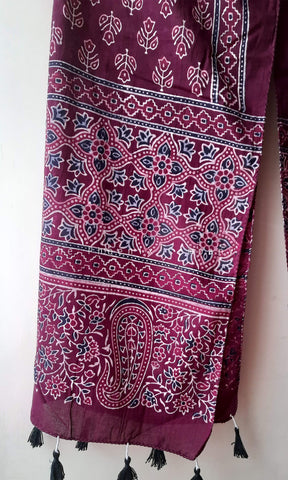 Maroon Ajrakh Stole with flowers & paisley border