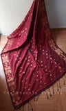 Dark Red Khadi Cotton Saree with threadwork