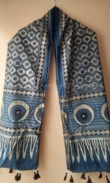 Blue Ajrakh Stole with Ogee patterns