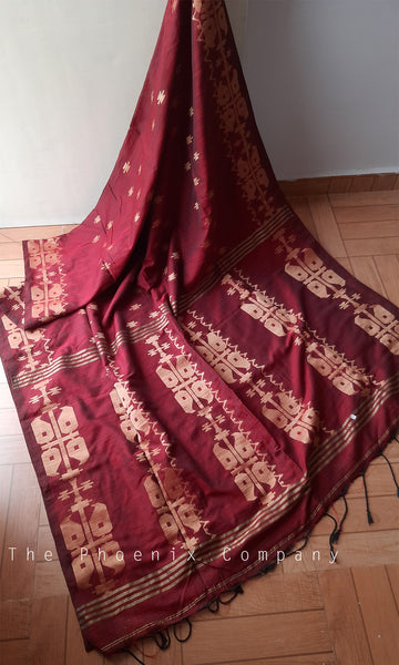 Dark Red Khadi Cotton Saree with threadwork