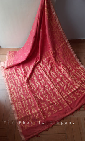 Peach Khadi Cotton Saree with threadwork