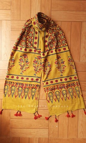 Ochre Yellow Ajrakh Stole with Red Floral Patterns