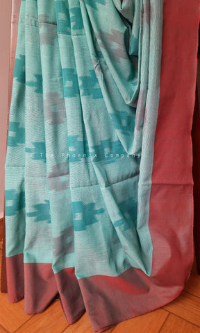 Teal Blue and Red Soft Cotton Saree
