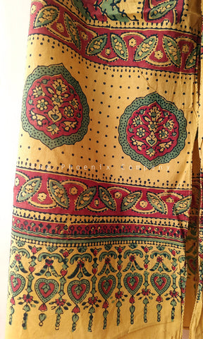 Yellow Ajrakh Stole with Zig-zag patterns