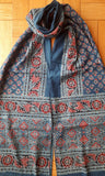 Blue & Red Ajrakh stole with flowers