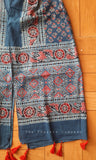 Blue & Red Ajrakh stole with flowers