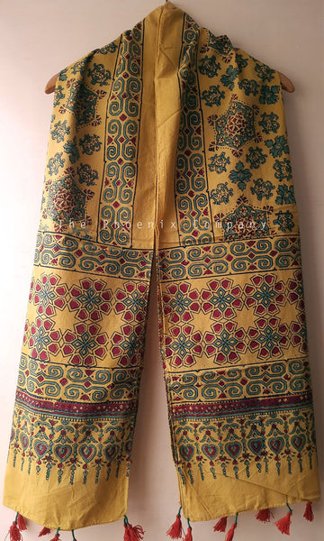 Yellow Ajrakh Stole with Geometric motifs
