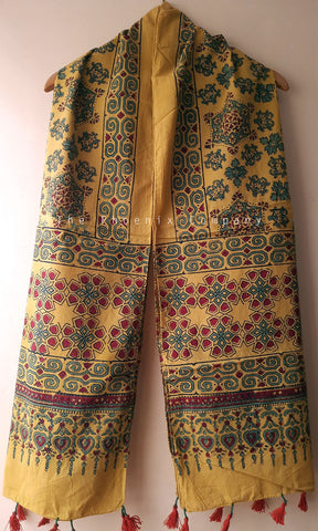 Yellow Ajrakh Stole with Geometric motifs