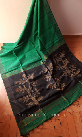 Dark Green and Black Jute Silk & Cotton Jamdani Saree