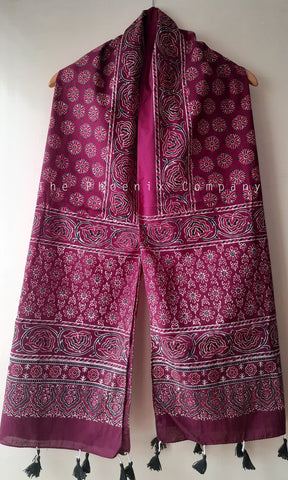 Maroon Ajrakh Stole with circular snowflake motifs