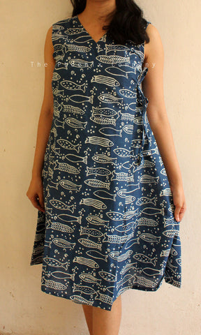 Fish print Indigo cotton wrap dress