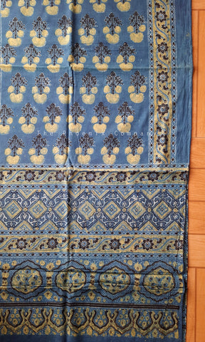 Blue & Lemon Yellow Ajrakh stole with flower motifs