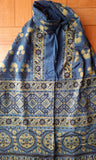 Blue & Lemon Yellow Ajrakh stole with flower motifs