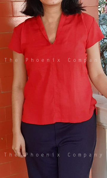 Red Organic Linen Collared Top
