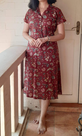 Maroon Floral Collared Dress